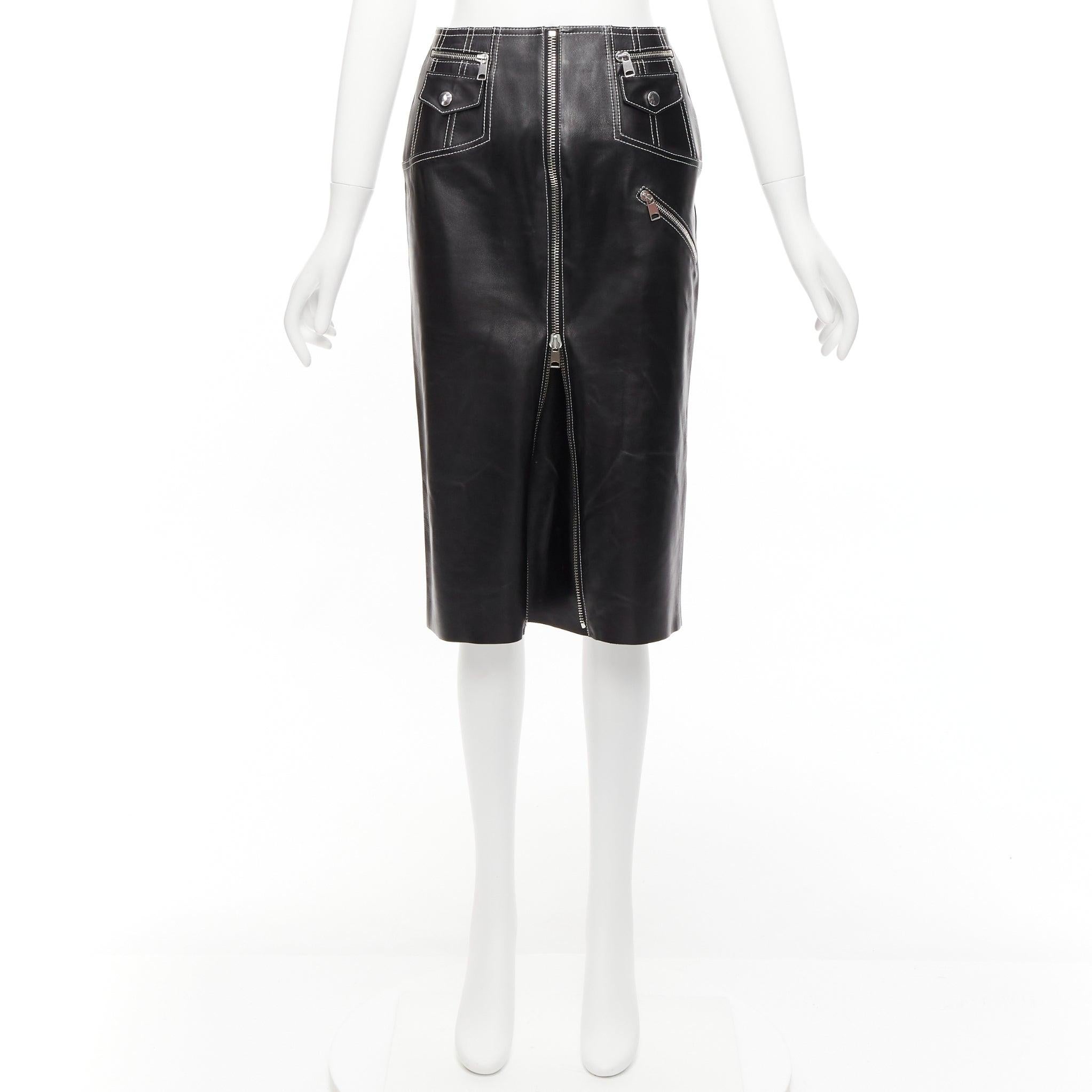 ALEXANDER MCQUEEN black leather white overstitch biker zip pencil skirt IT38 XS For Sale 5