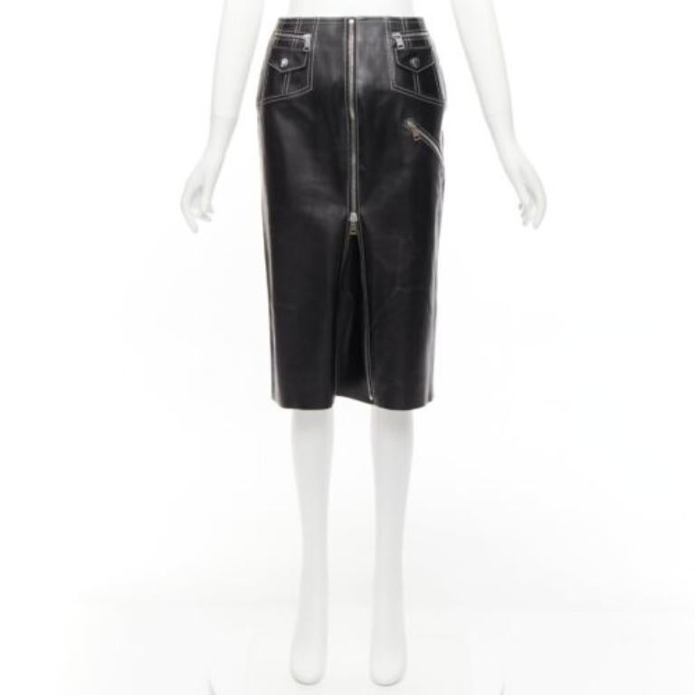 Alexander McQueen gonna a tubino con zip in pelle nera e cuciture bianche IT38 XS in vendita 4