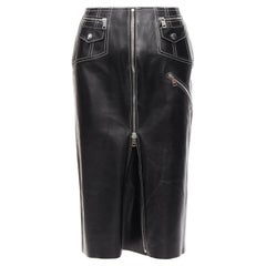ALEXANDER MCQUEEN black leather white overstitch biker zip pencil skirt IT38 XS