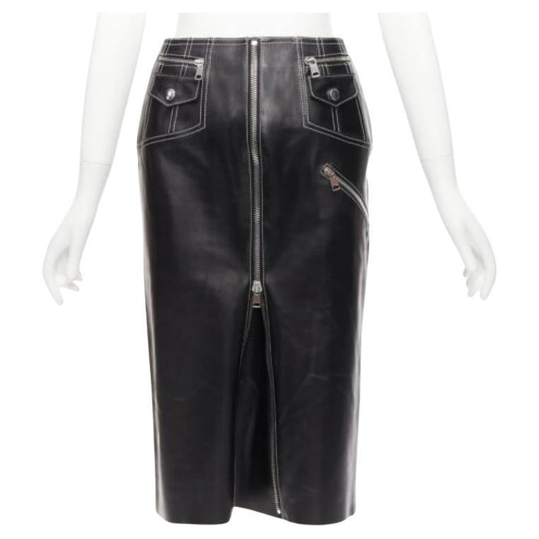 Alexander McQueen gonna a tubino con zip in pelle nera e cuciture bianche IT38 XS in vendita