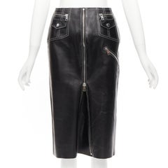 ALEXANDER MCQUEEN black leather white overstitch biker zip pencil skirt IT38 XS