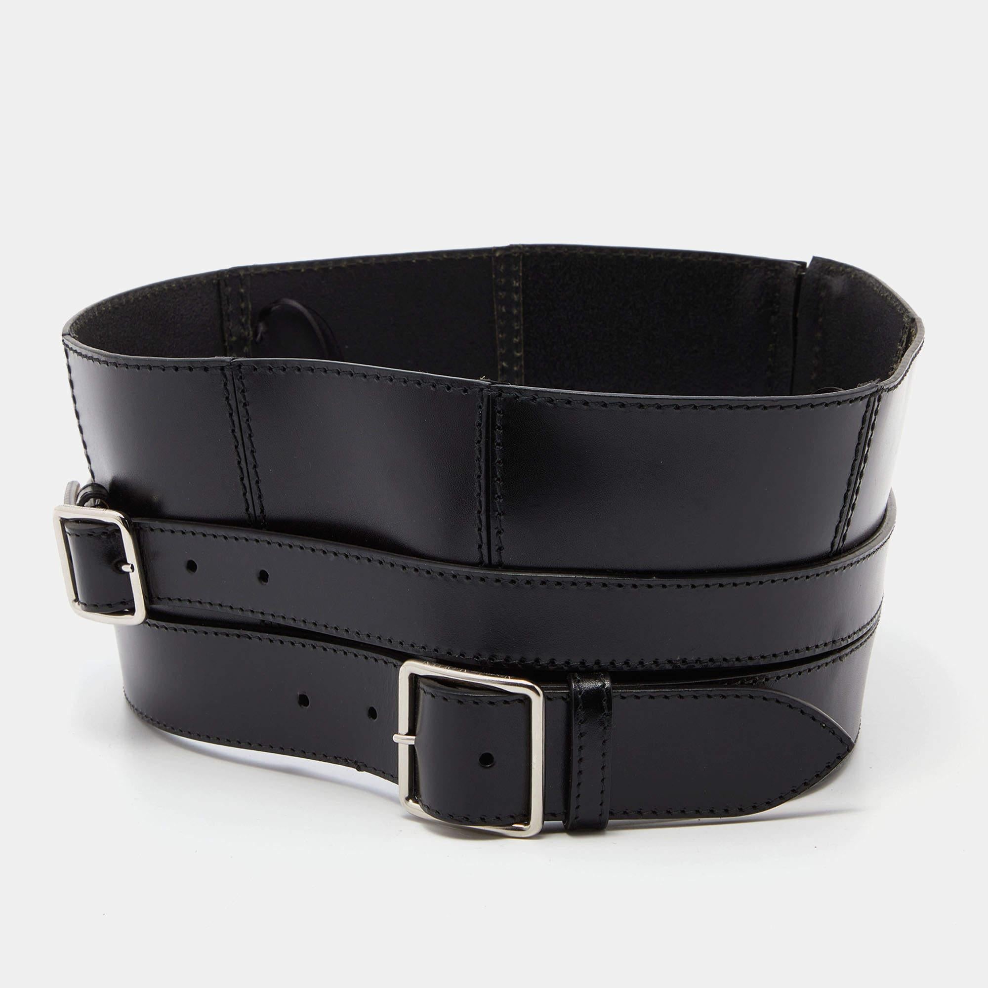 Alexander McQueen Black Leather Wide Waist Belt 38 3