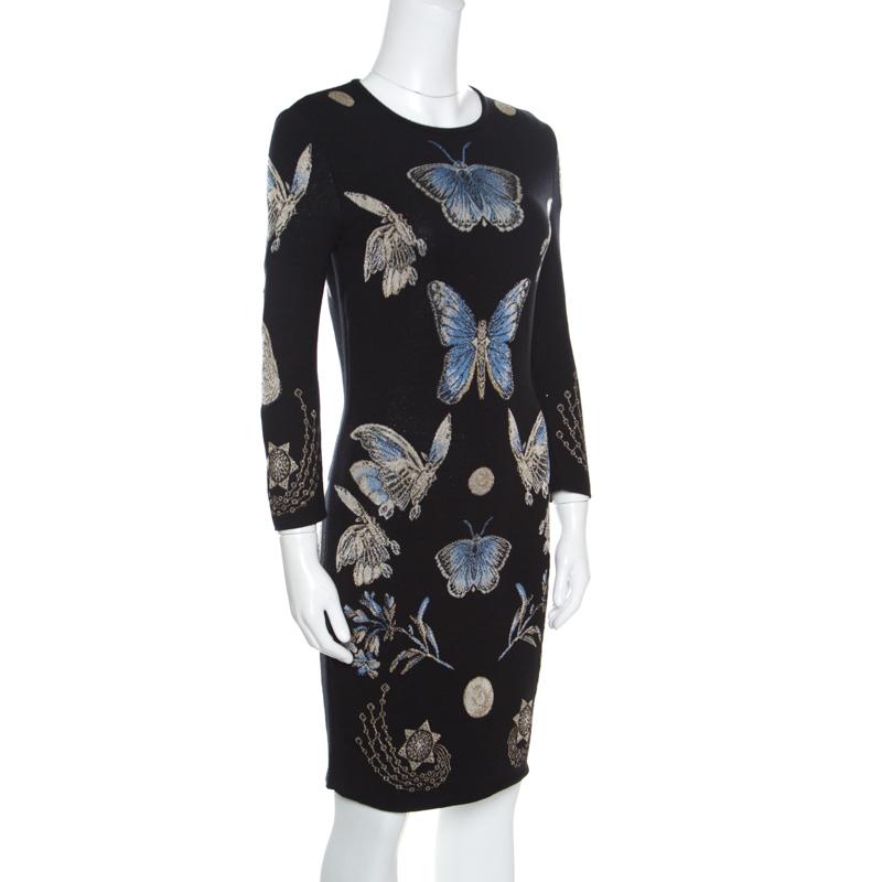 You must own this gorgeous obsession dress from Alexander McQueen as it will come in handy for days when you wish to look minimal with a touch of character. Featuring butterfly patterns all over, this black outfit has a bodycon fit with 3/4th