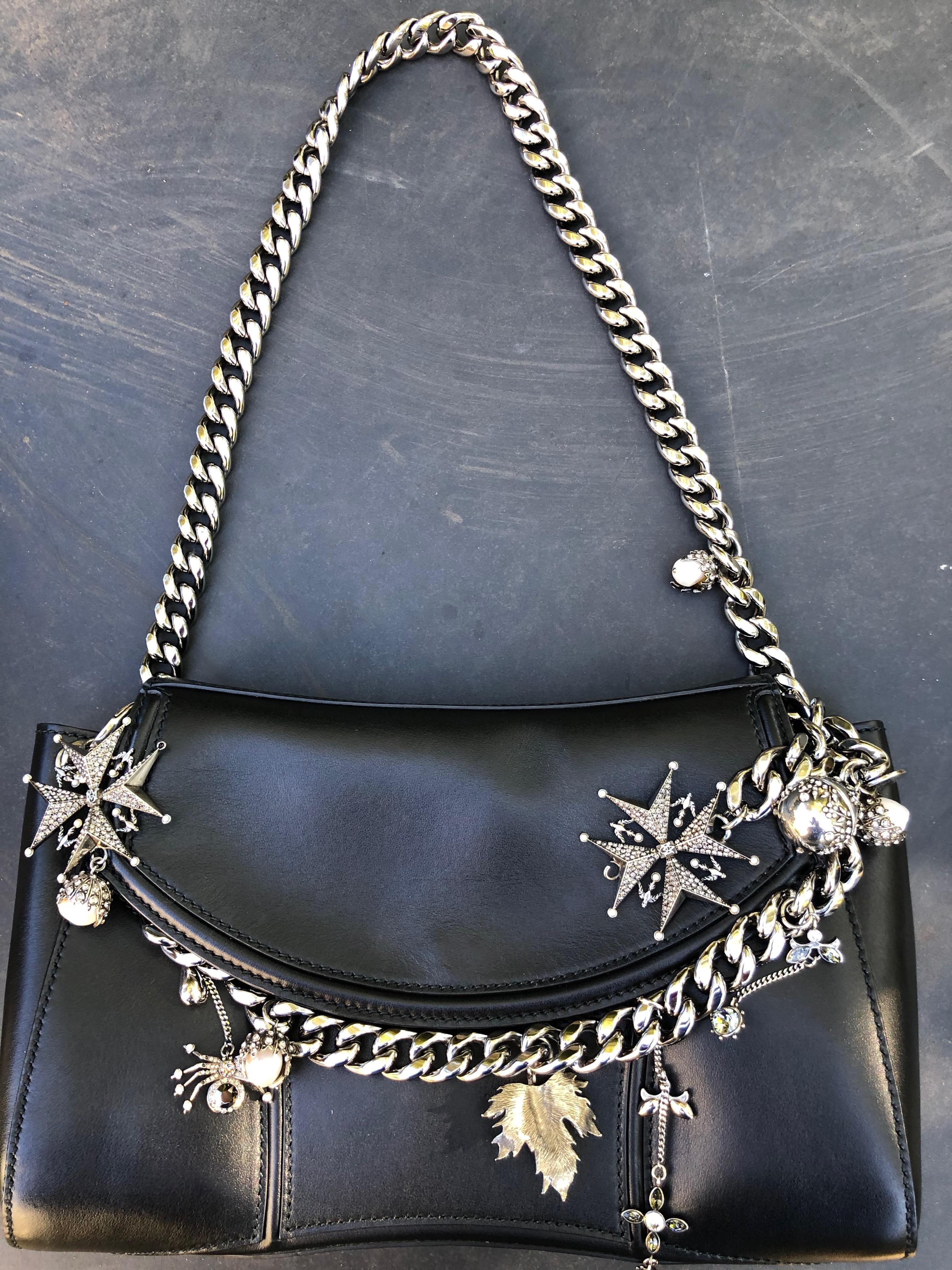 Alexander McQueen Black Medallion Leather Chain-Strap Shoulder Bag with Charms For Sale 8