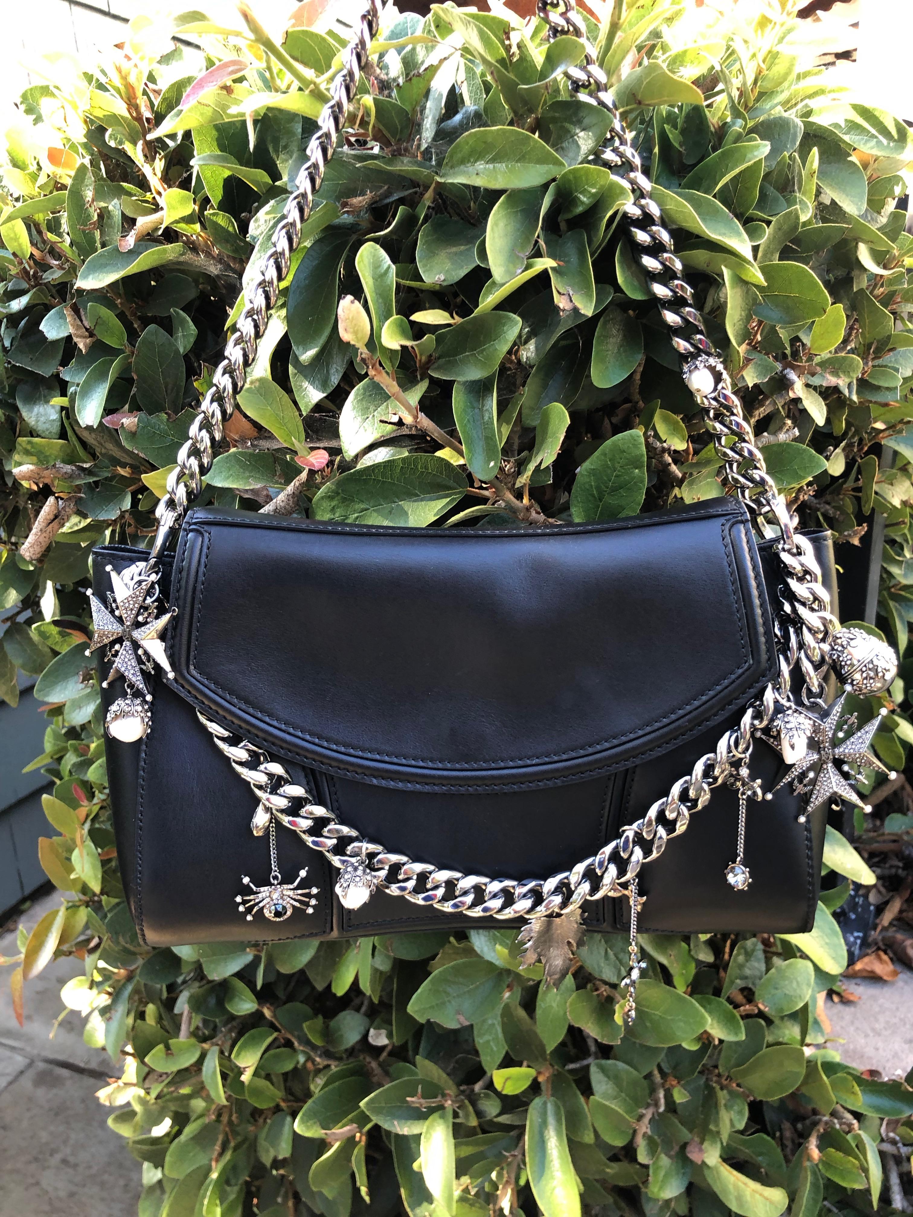 Alexander McQueen Black Medallion Leather Chain-Strap Shoulder Bag with Charms In Excellent Condition For Sale In Cloverdale, CA