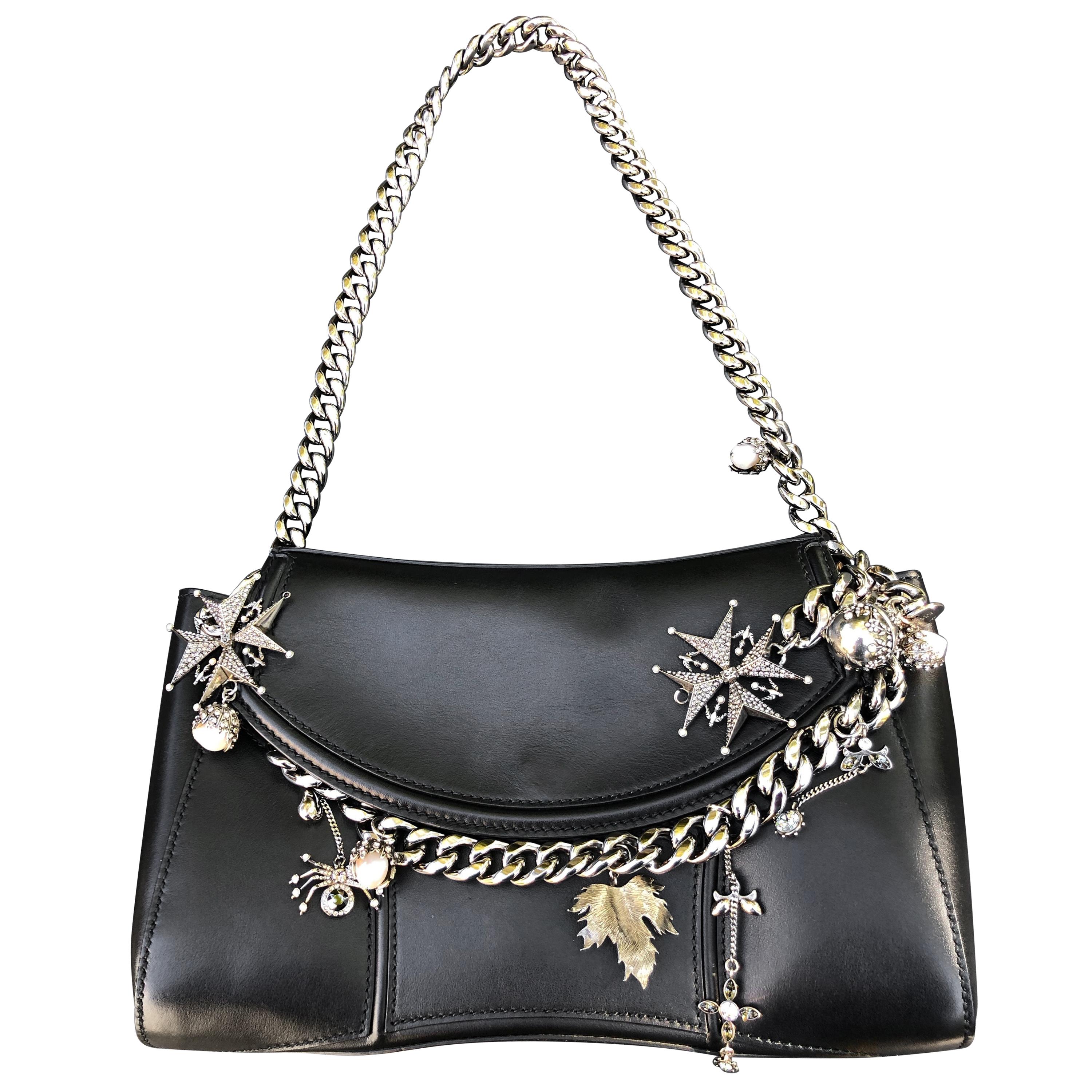 Alexander McQueen Black Medallion Leather Chain-Strap Shoulder Bag with Charms For Sale