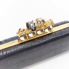 ALEXANDER MCQUEEN black mock croc gold skull knuckleduster box clutch bag