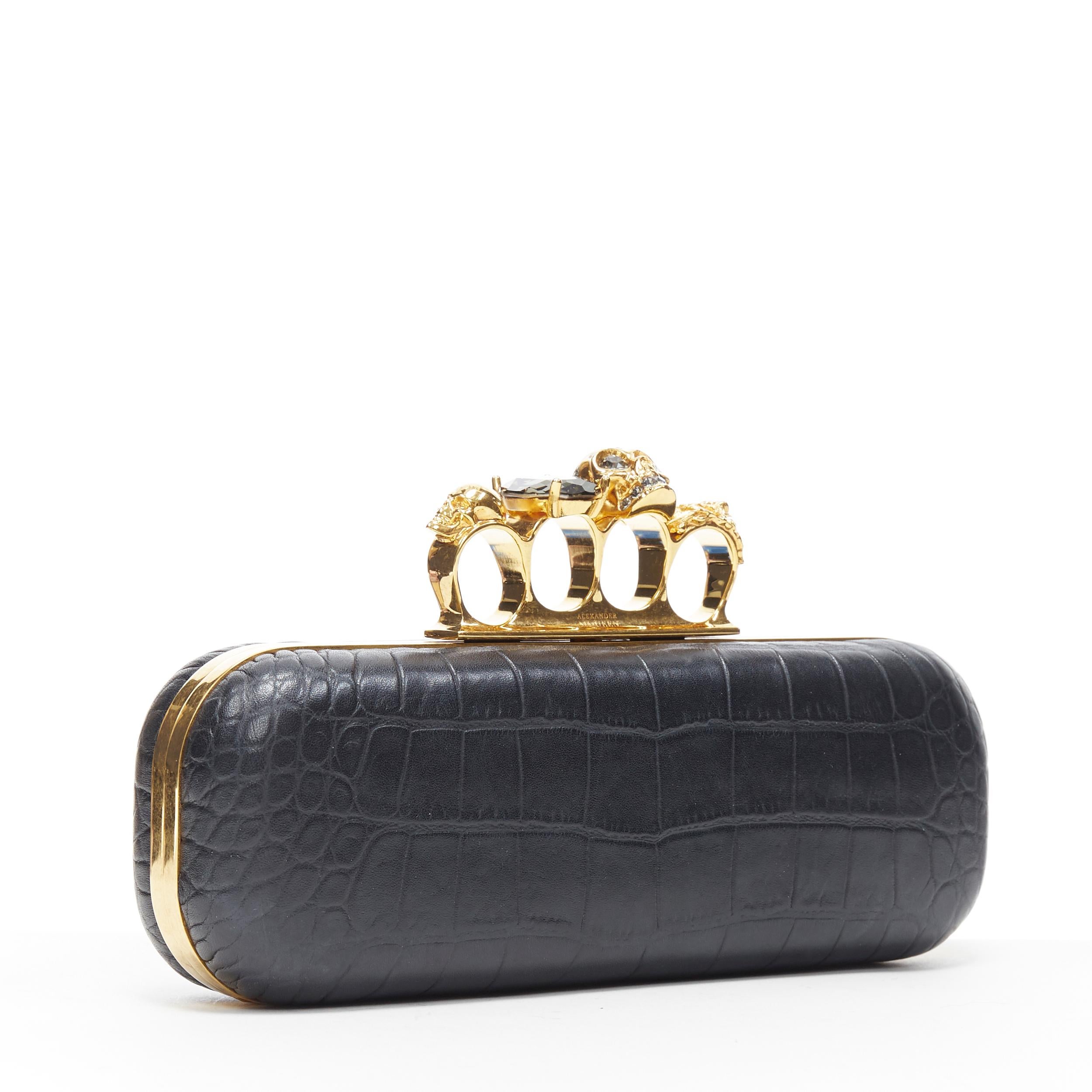 Gray ALEXANDER MCQUEEN black mock croc gold skull knuckleduster box clutch bag