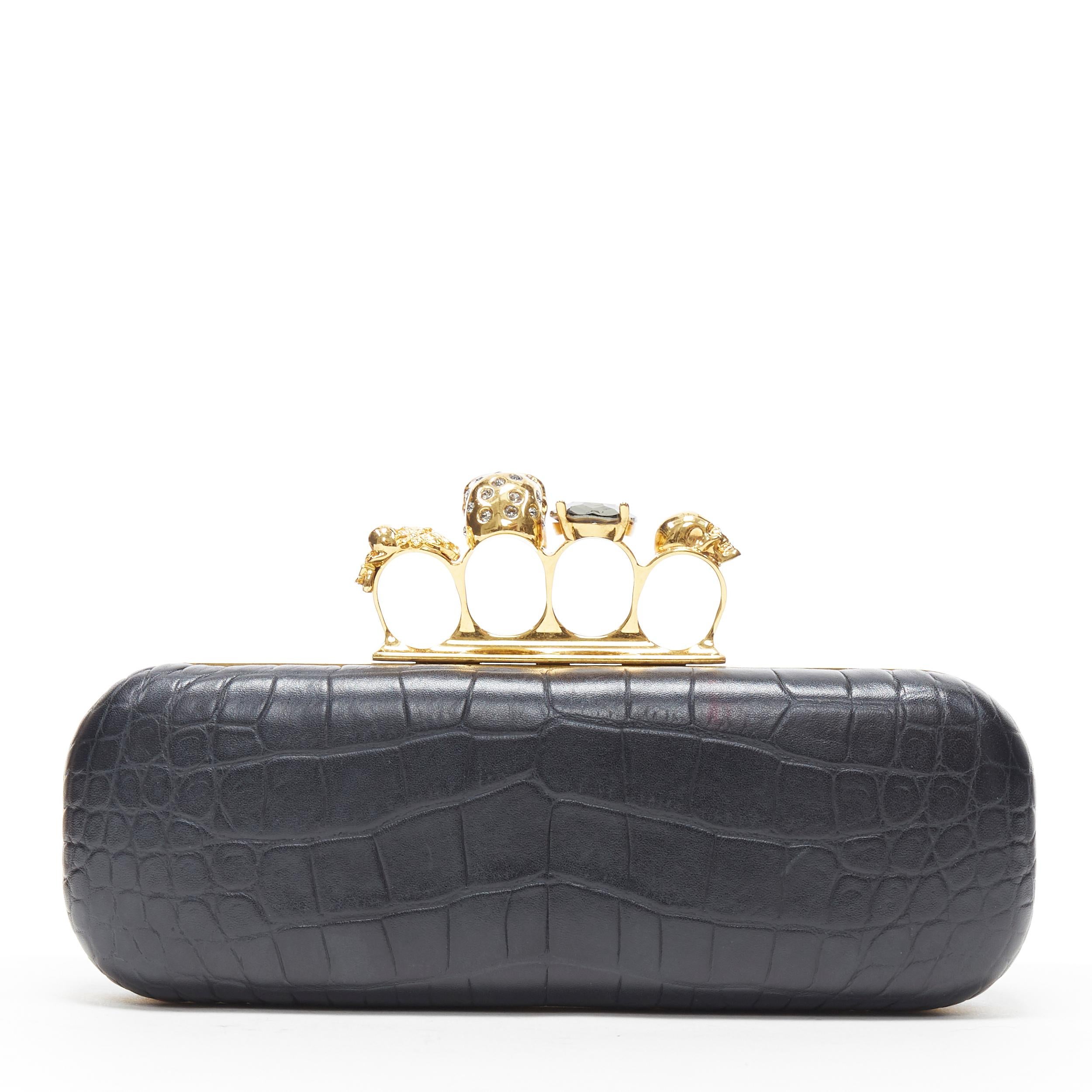 Women's ALEXANDER MCQUEEN black mock croc gold skull knuckleduster box clutch bag