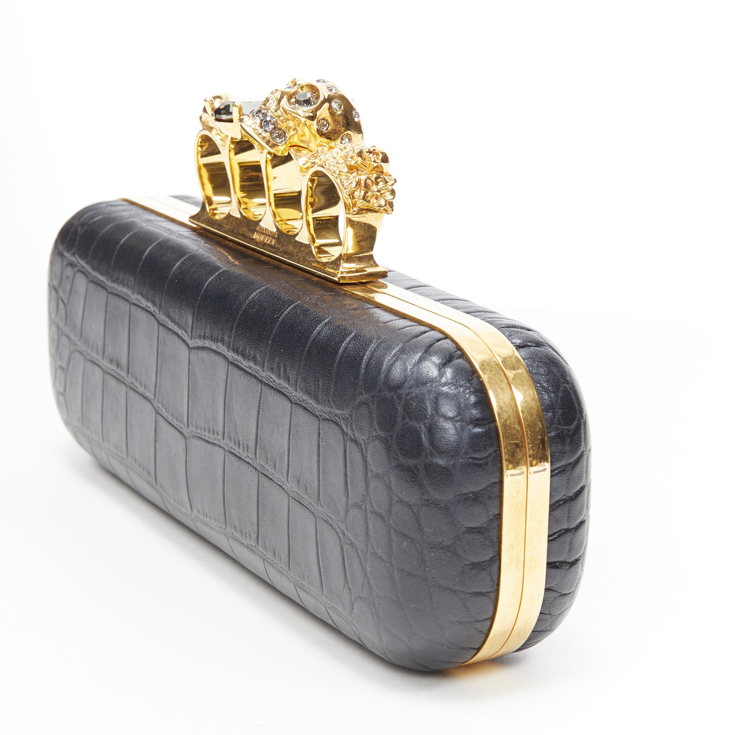 ALEXANDER MCQUEEN black mock croc gold skull knuckleduster box clutch bag 2