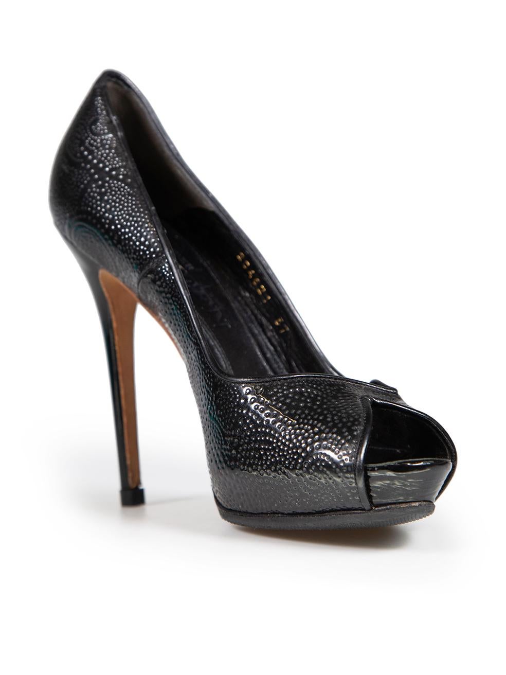 CONDITION is Very good. Minimal wear to the heels is evident. Abrasions to the heel tips of both shoes, the heel tips and soles have been replaced and resoled on this used Alexander McQueen designer resale item.
 
 
 
 Details
 
 
 Black
 
 Patent