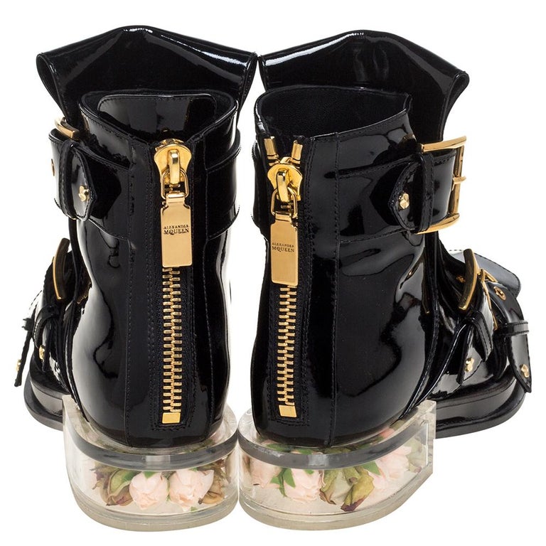 Alexander McQueen Black Patent Leather Flower Detail Three Buckle Boots  Size 36 at 1stDibs | black patent buckle shoes