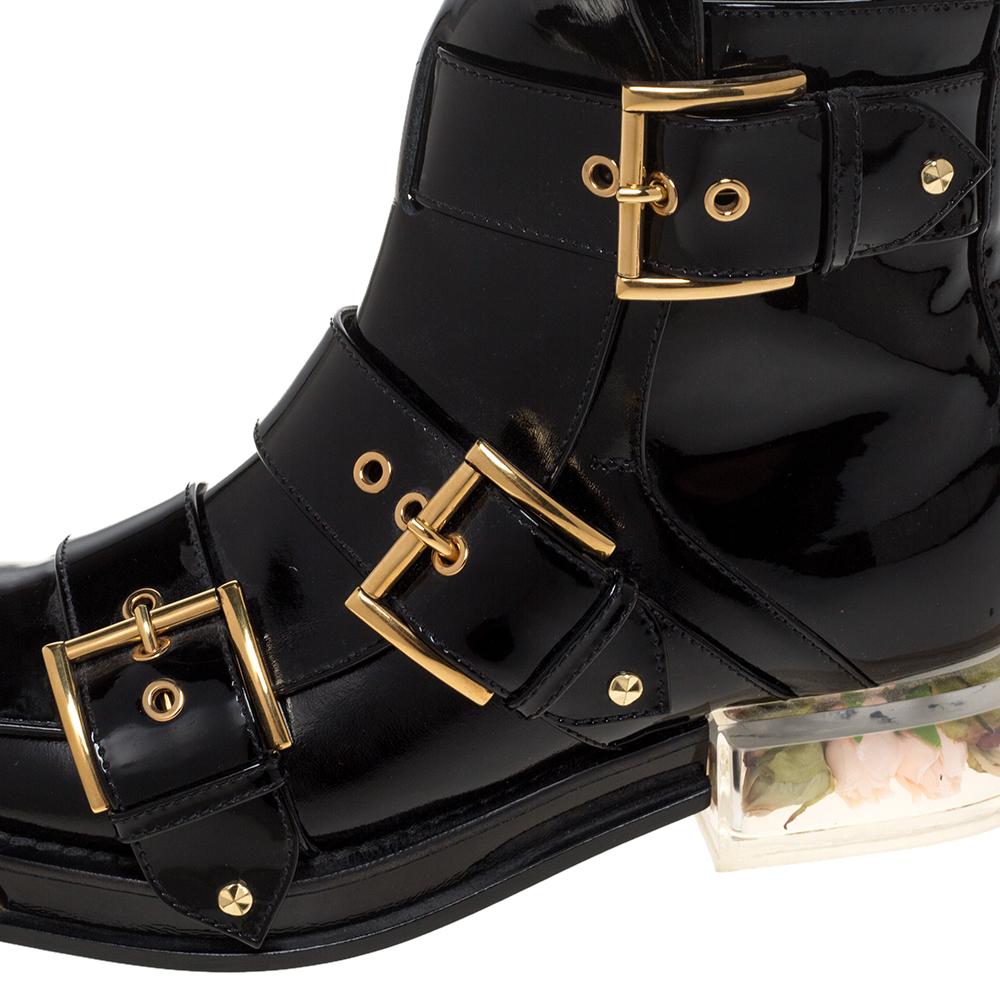 Women's Alexander McQueen Black Patent Leather Flower Detail Three Buckle Boots Size 36