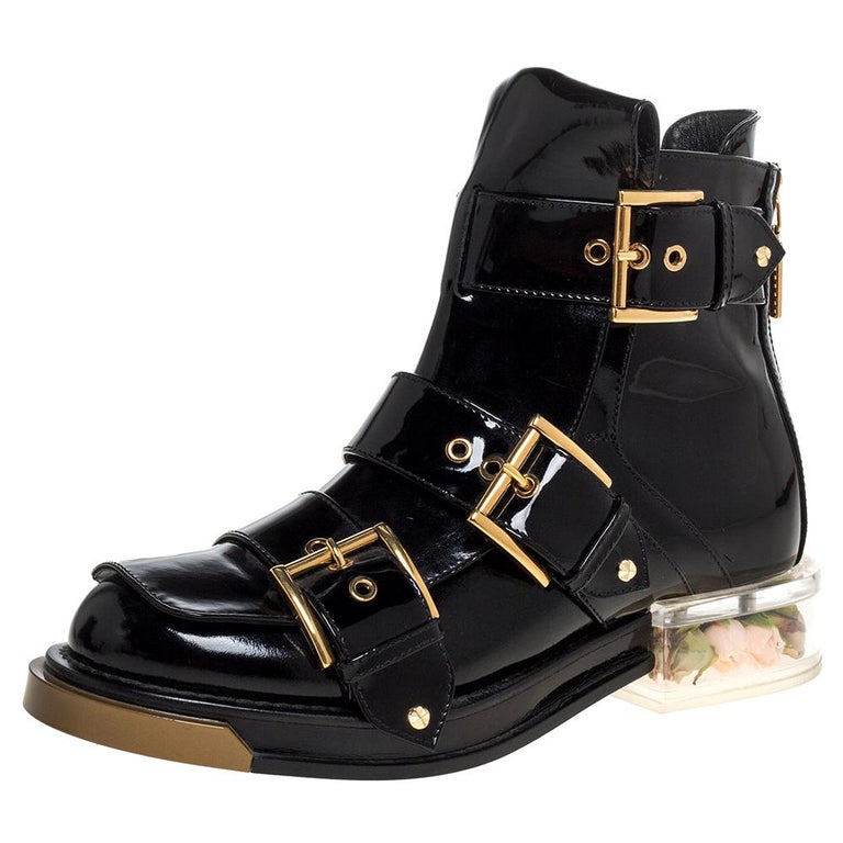 Alexander McQueen Black Patent Leather Flower Detail Three Buckle Boots  Size 36 at 1stDibs