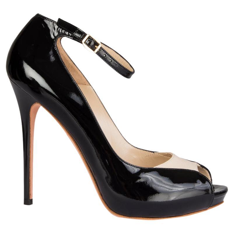 ALEXANDER MCQUEEN black patent leather LUCY Peep Toe Pumps Shoes 39.5