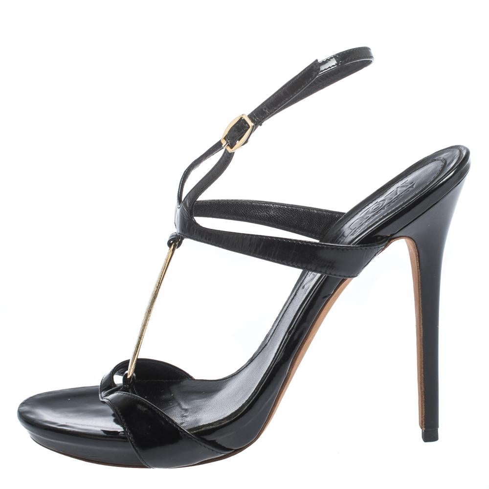 Alexander McQueen Black Patent Leather T-strap Sandals Size 37.5 For Sale 1