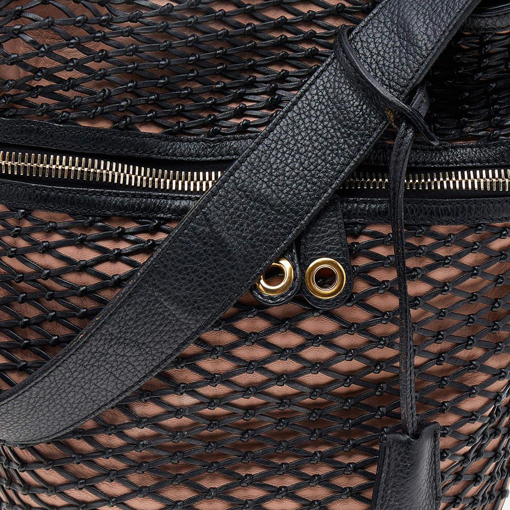 Alexander McQueen Black/Peach Woven Detail Leather Skull Bucket Bag For Sale 7