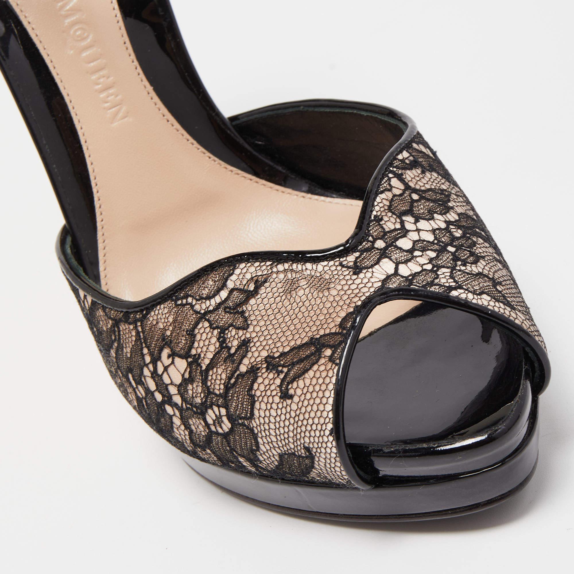Alexander McQueen Black/Pink Lace and Satin Peep Toe Platform Ankle Strap Sandal 3