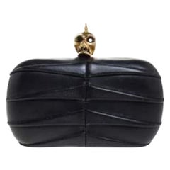 Alexander McQueen Black Pleated Leather Skull Lock Clutch