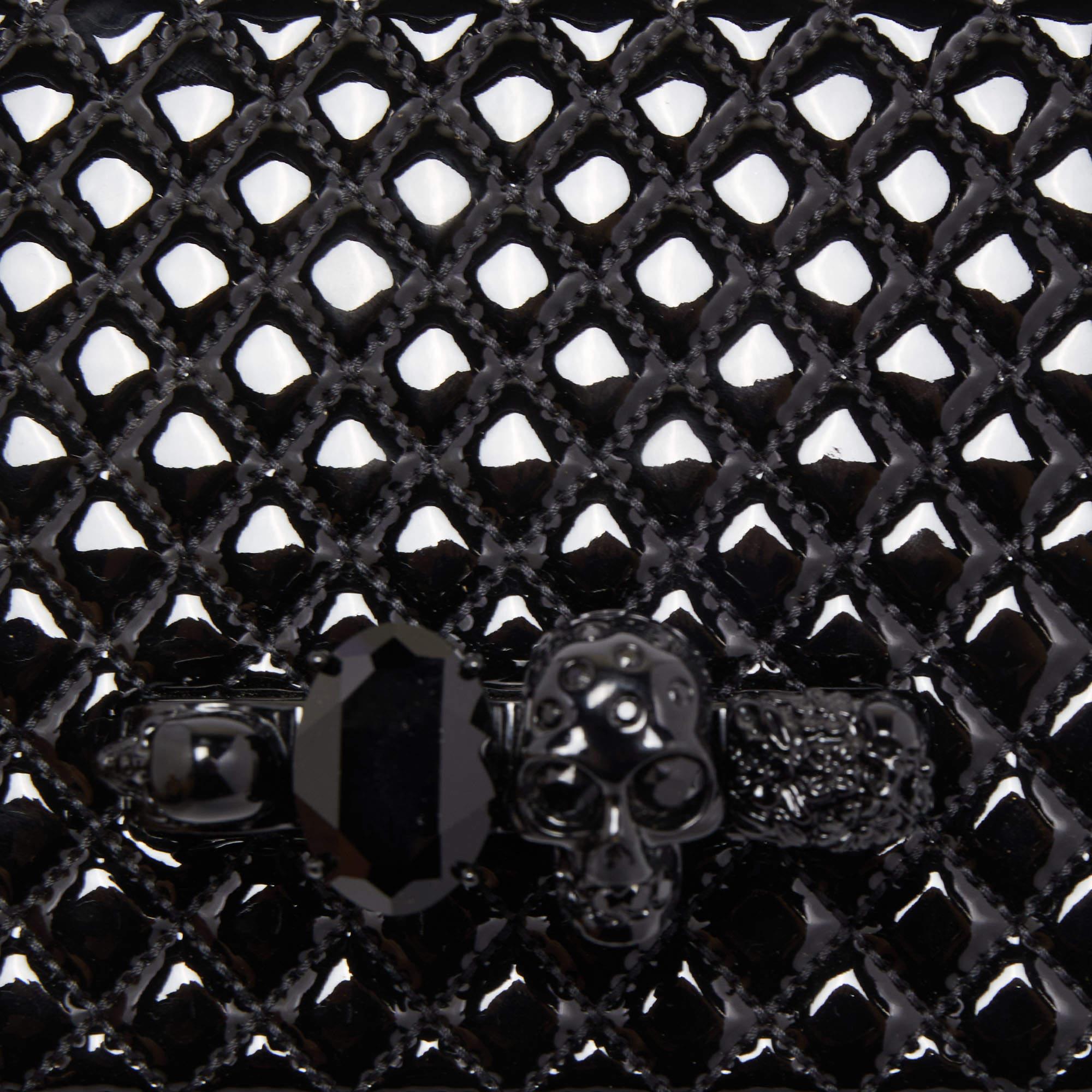 Alexander McQueen Black Quilted Patent Leather Skull Knuckle Flap Shoulder Bag 4
