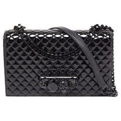 Alexander McQueen Black Quilted Patent Leather Skull Knuckle Flap Shoulder Bag