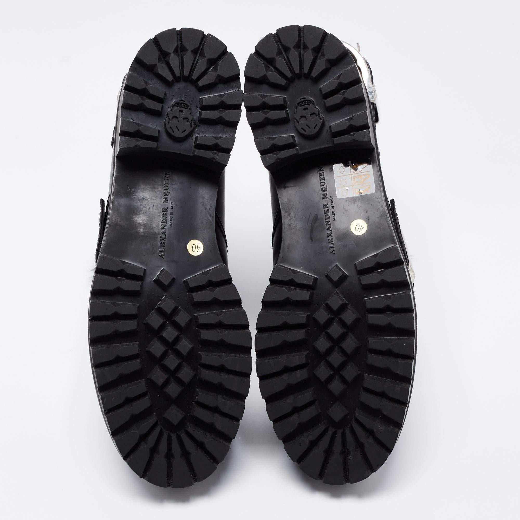 Alexander McQueen Black Rabbit Fur Eyelet Detail Buckle Ankle Boots Size 40 4