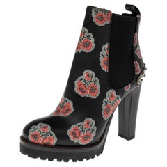 Alexander McQueen Black/Red Floral Print Leather Poppy Ankle Boots Size 36