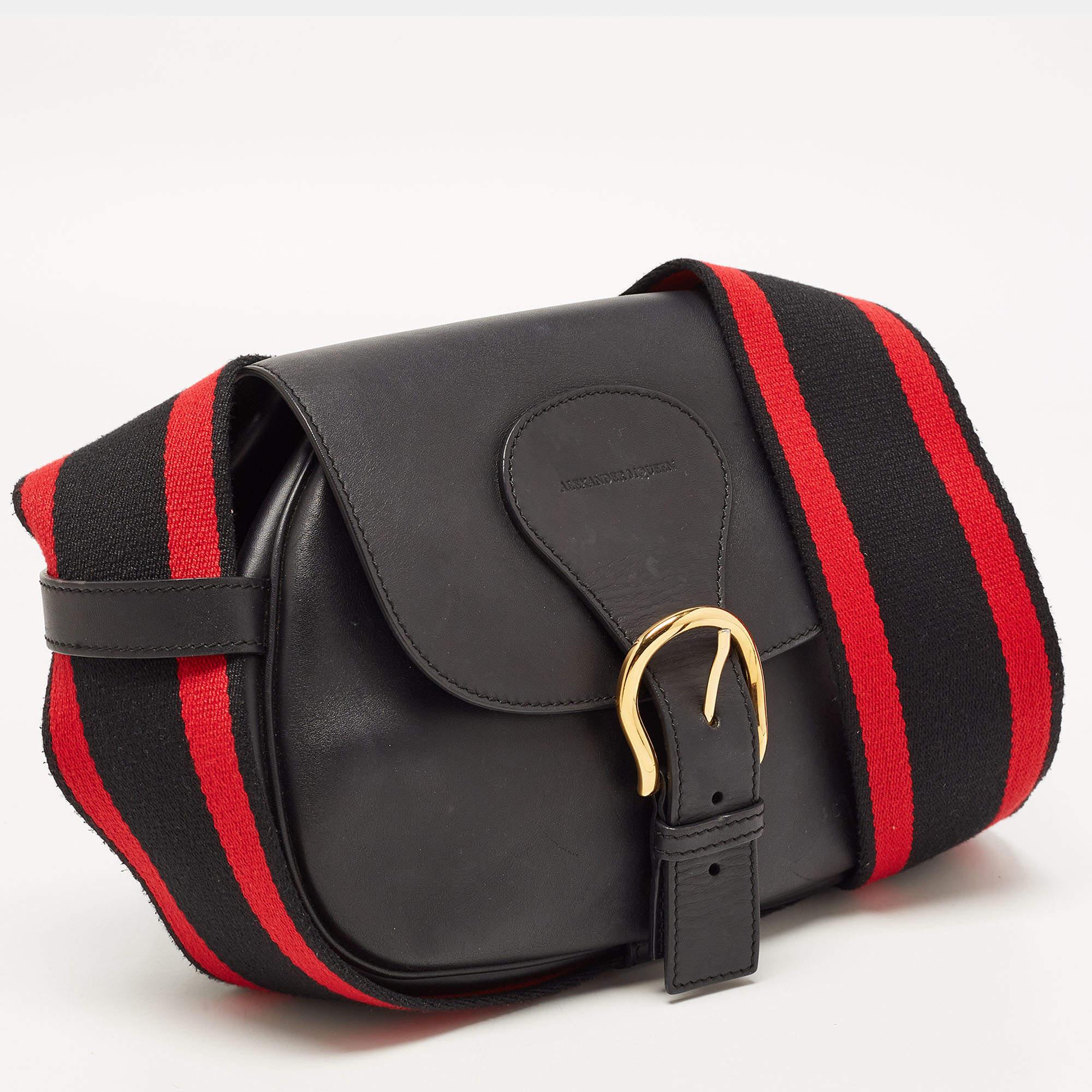 Women's Alexander McQueen Black/Red Leather Buckle Flap Crossbody Bag
