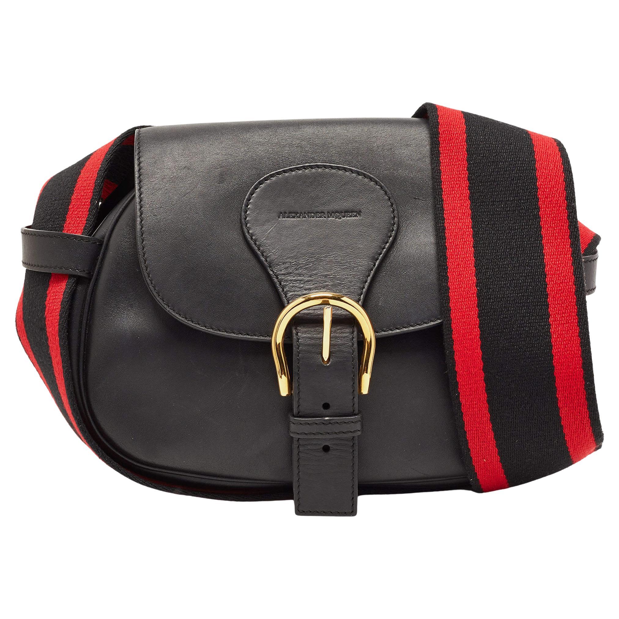 Alexander McQueen Black/Red Leather Buckle Flap Crossbody Bag