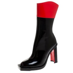 Alexander McQueen Black/Red Patent Leather Hybrid Mid Calf Boots Size 36