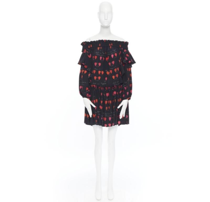 Black ALEXANDER MCQUEEN black red petal print silk ruffle off shoulder dress IT40