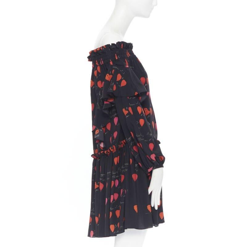 Women's ALEXANDER MCQUEEN black red petal print silk ruffle off shoulder dress IT40