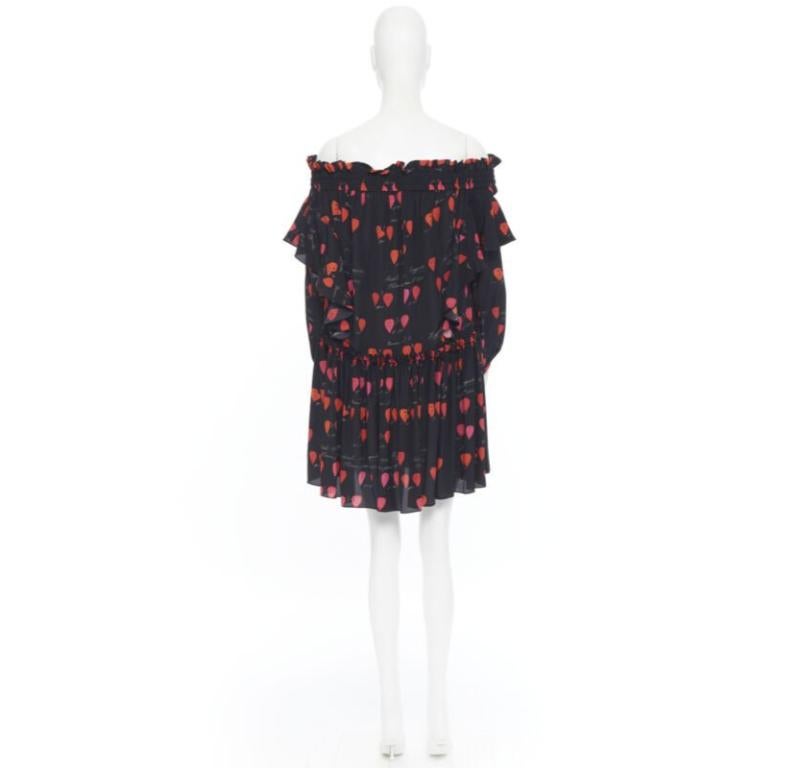 ALEXANDER MCQUEEN black red petal print silk ruffle off shoulder dress IT40 1