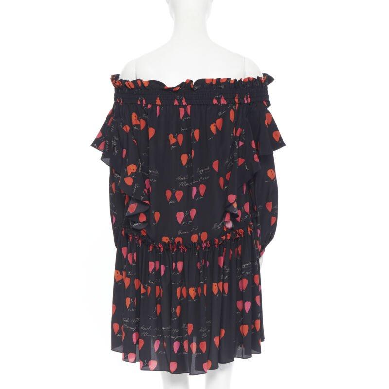 ALEXANDER MCQUEEN black red petal print silk ruffle off shoulder dress IT40 2