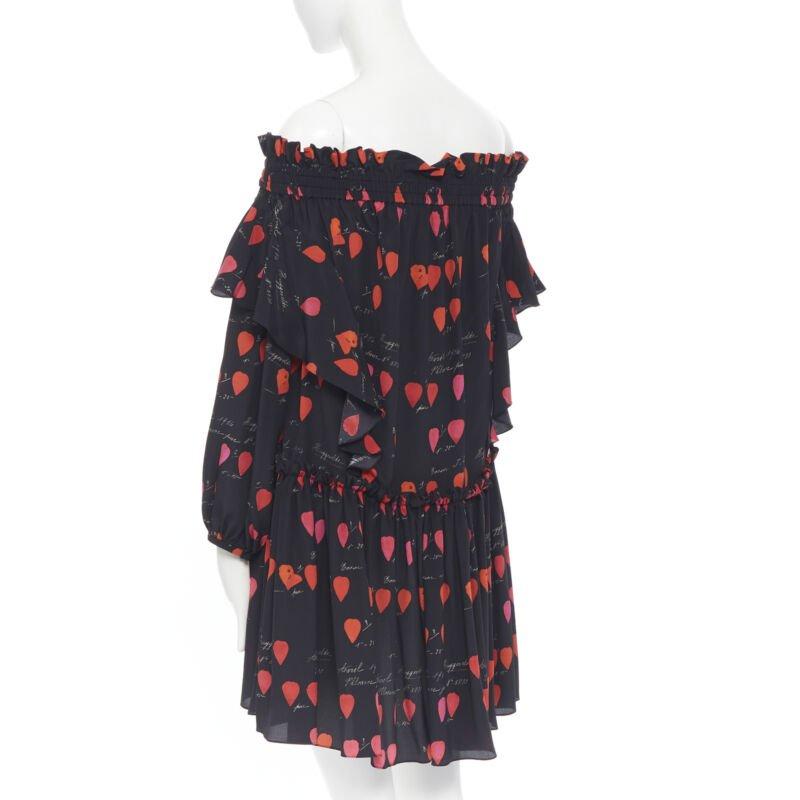 ALEXANDER MCQUEEN black red petal print silk ruffle off shoulder dress IT40 3