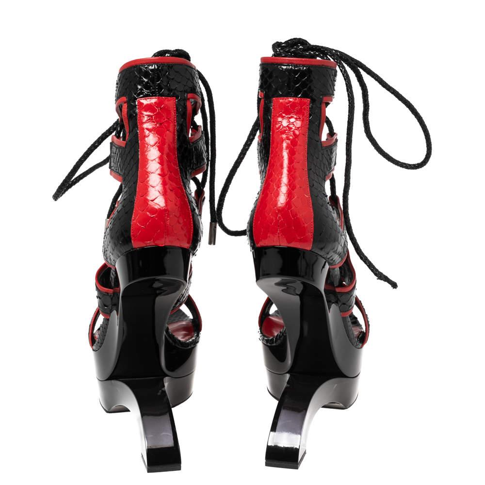 Alexander McQueen Black/Red Python Leather Platform Cage Sandals Size 39 2