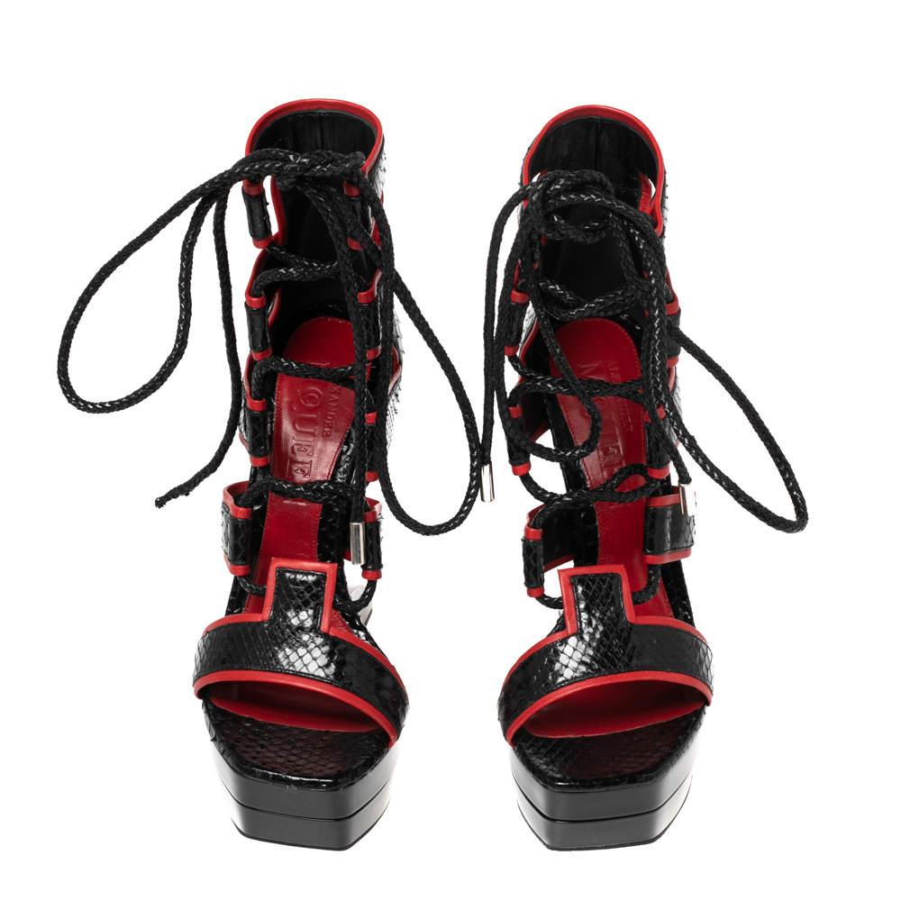 Alexander McQueen Black/Red Python Leather Platform Cage Sandals Size 39 3