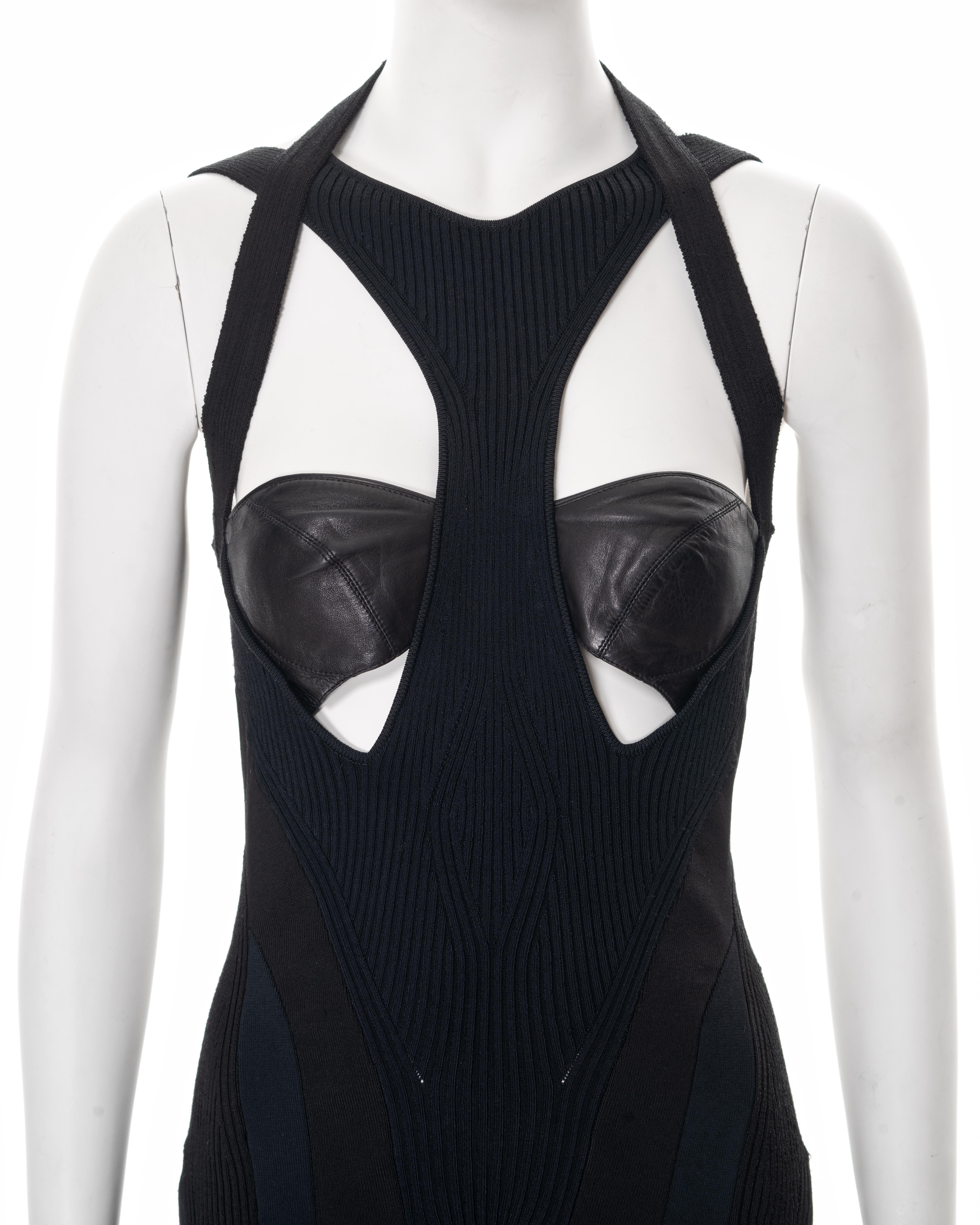 Alexander McQueen black rib knit mini dress with leather bustier, ss 2004 In Excellent Condition For Sale In London, GB