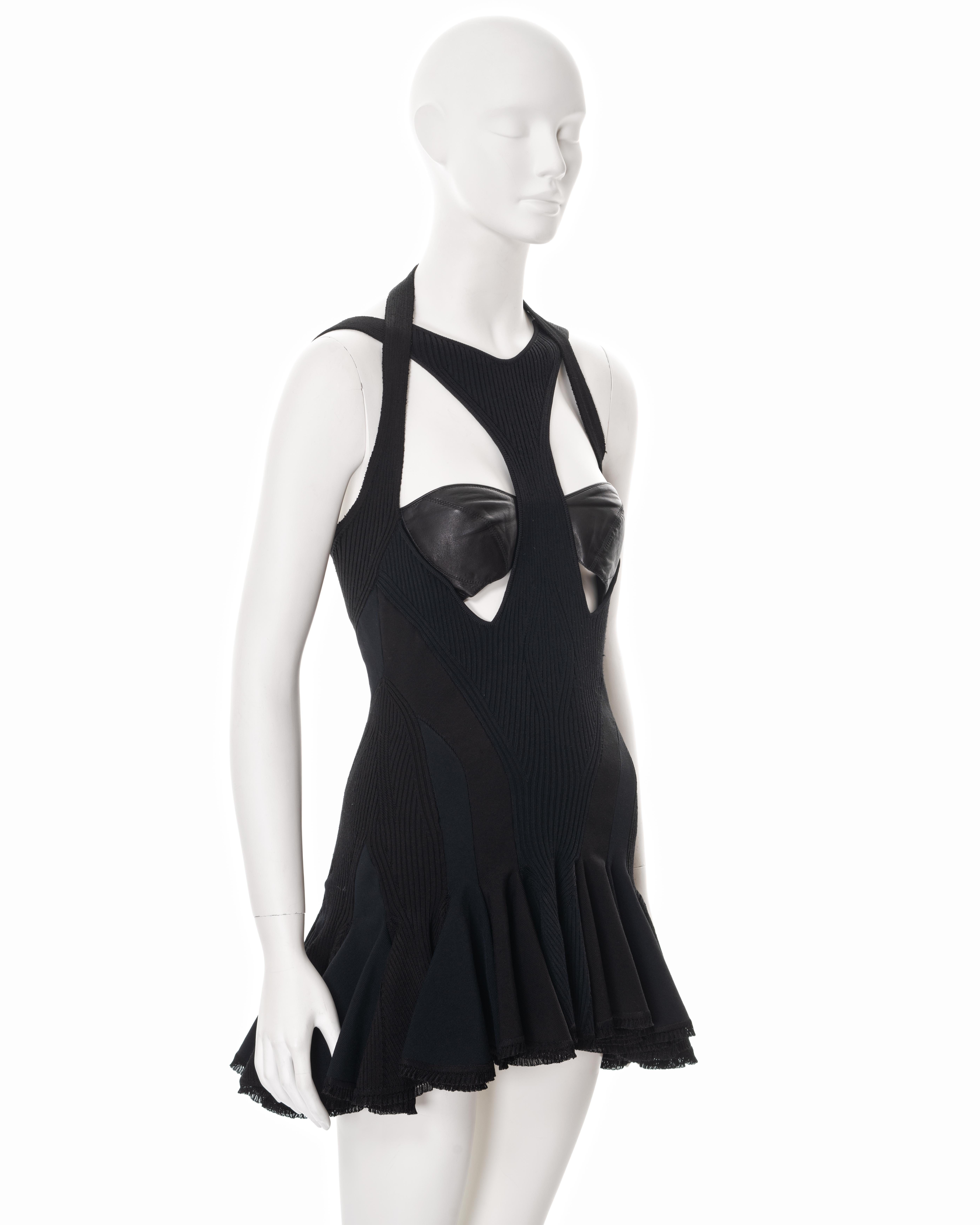 Women's Alexander McQueen black rib knit mini dress with leather bustier, ss 2004 For Sale