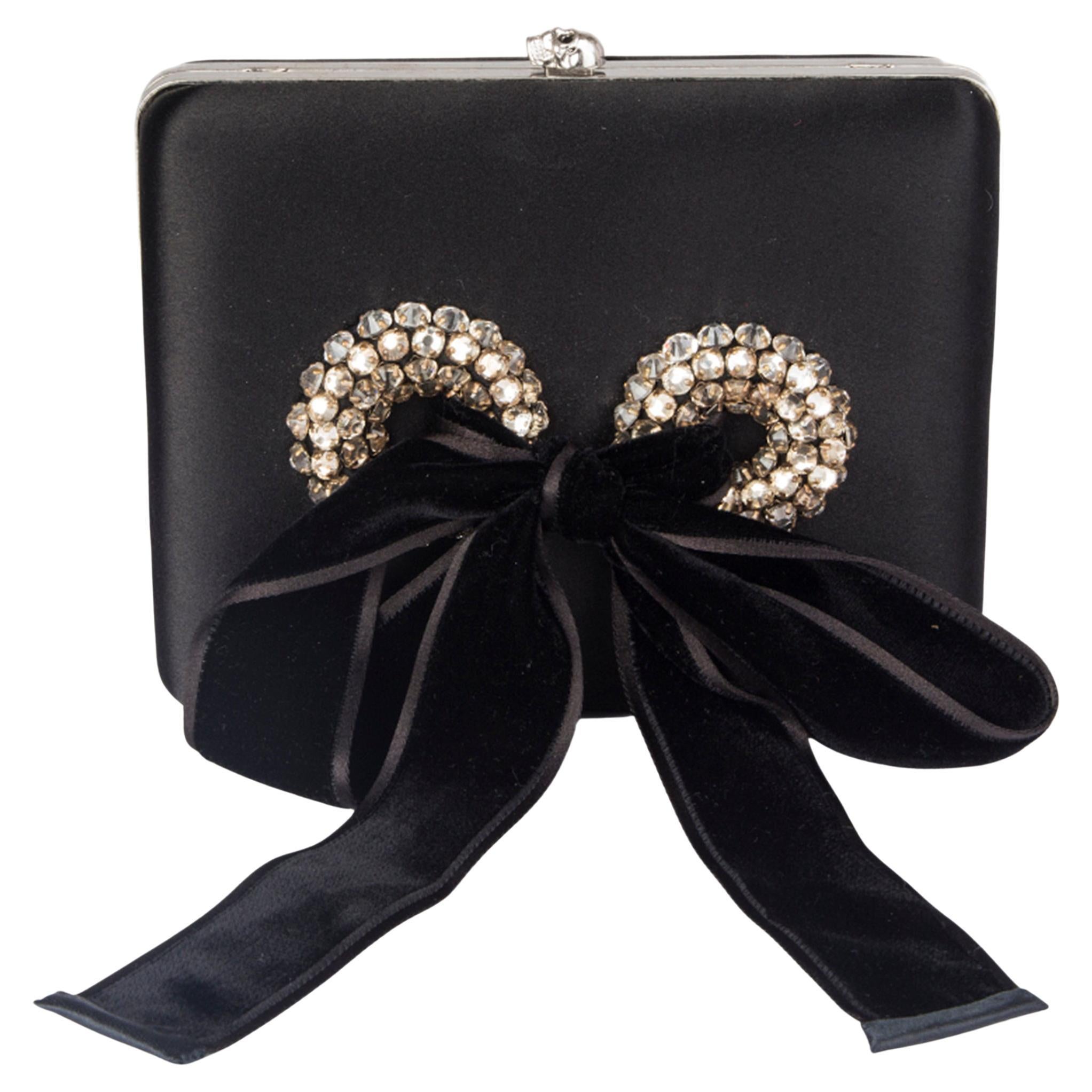 ALEXANDER MCQUEEN black SATIN CRYSTAL BOW BOX Clutch Bag