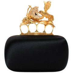 Alexander McQueen Black Satin Crystal Embellished Bird Knuckle clutch