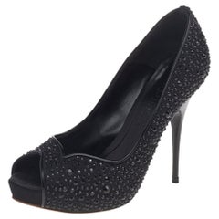 Alexander McQueen Black Satin Crystal Embellished Peep Toe Pumps Size 36