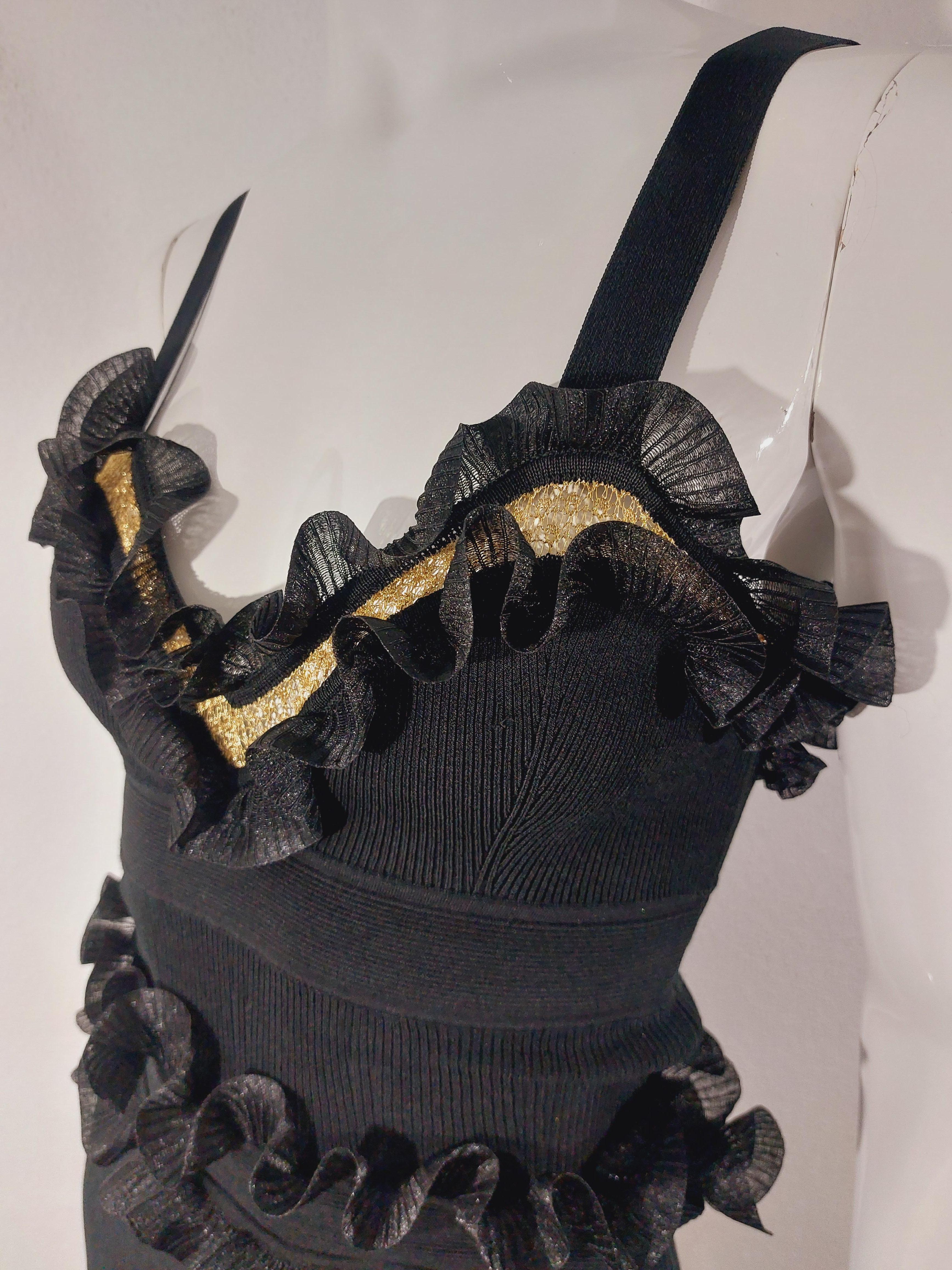Alexander McQueen Black Silk-blend Knit Gold Mesh Cocktail Evening Dress Gown For Sale 6