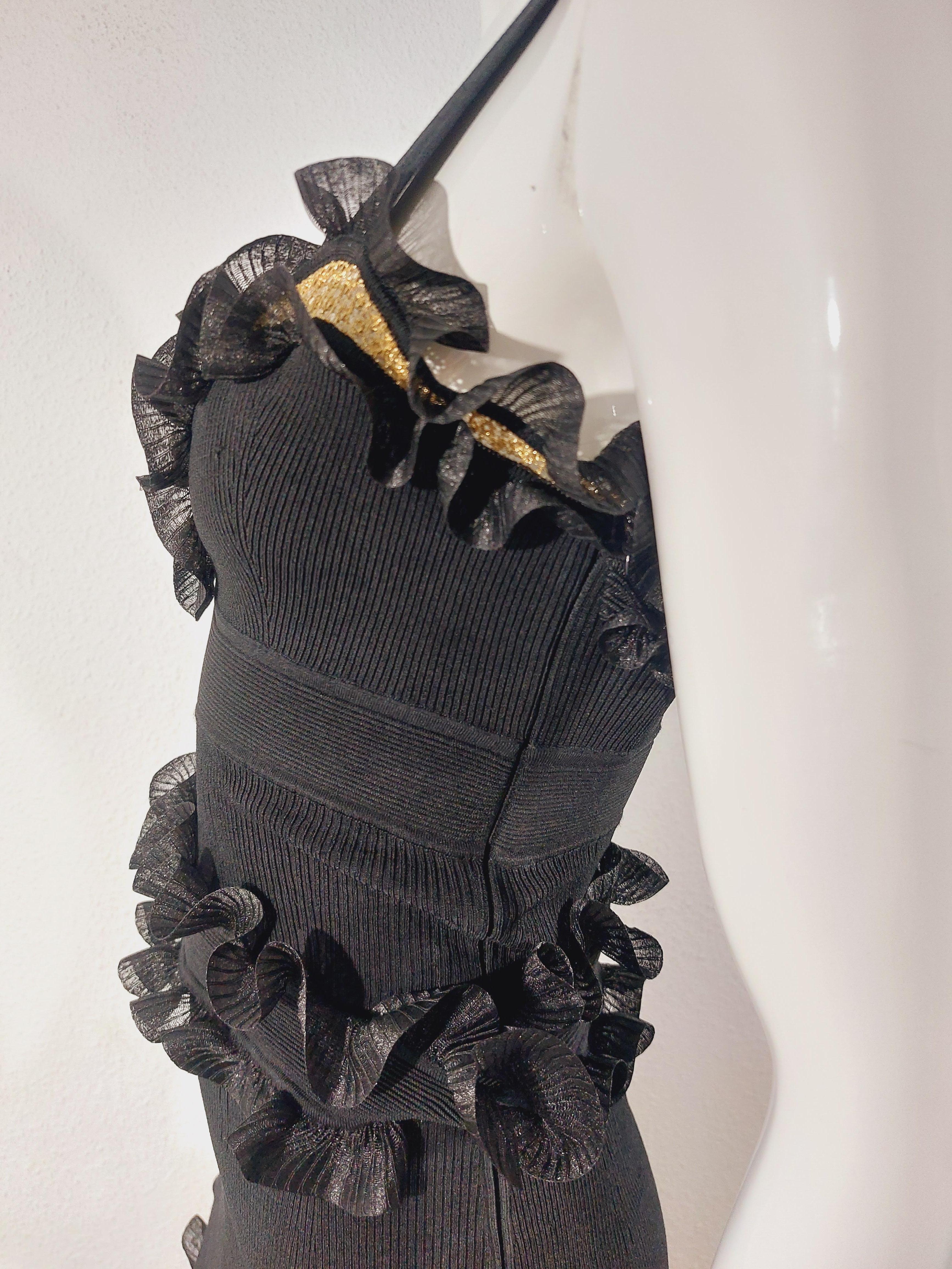 Alexander McQueen Black Silk-blend Knit Gold Mesh Cocktail Evening Dress Gown For Sale 7