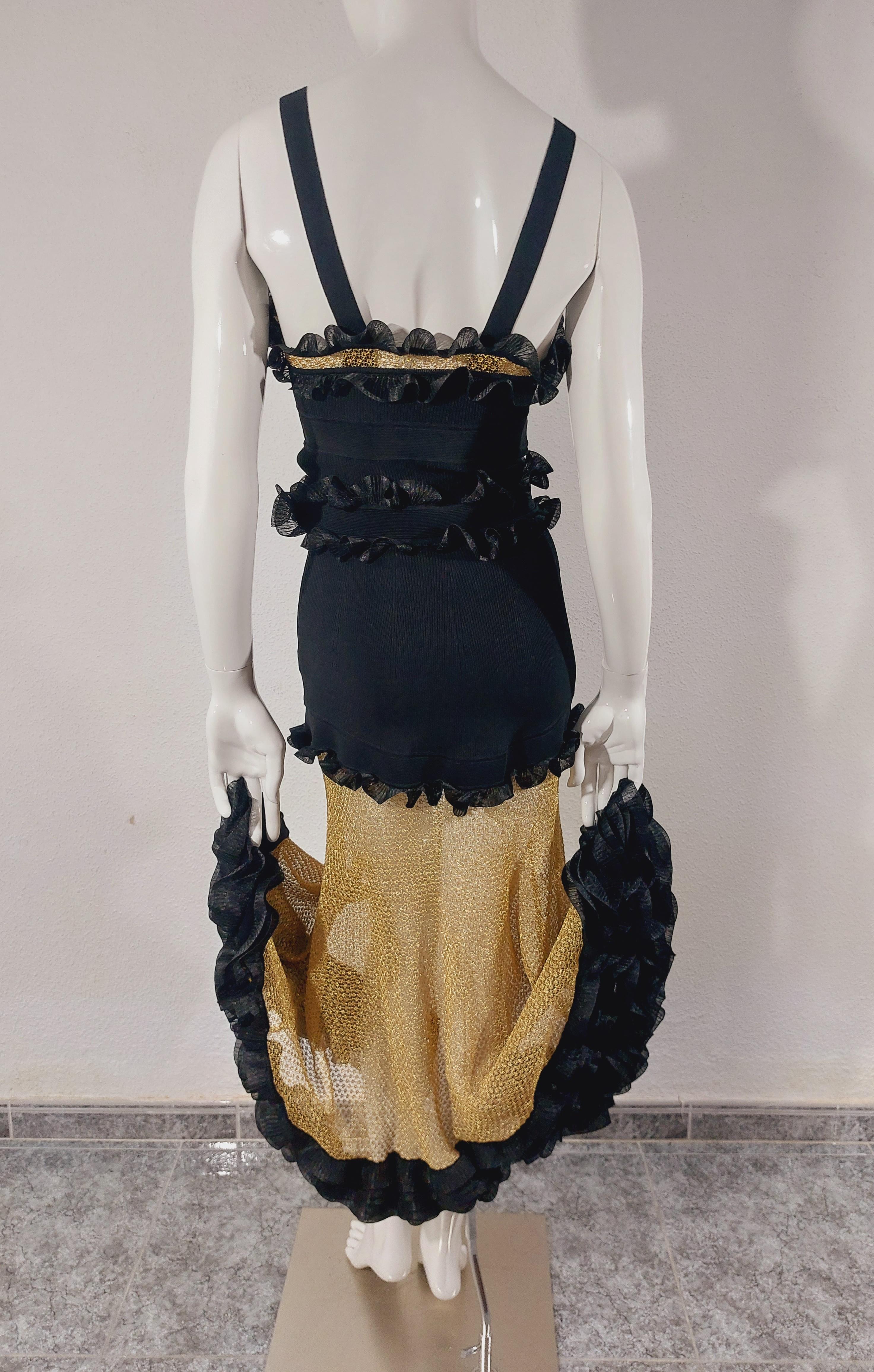 Alexander McQueen Black Silk-blend Knit Gold Mesh Cocktail Evening Dress Gown For Sale 9