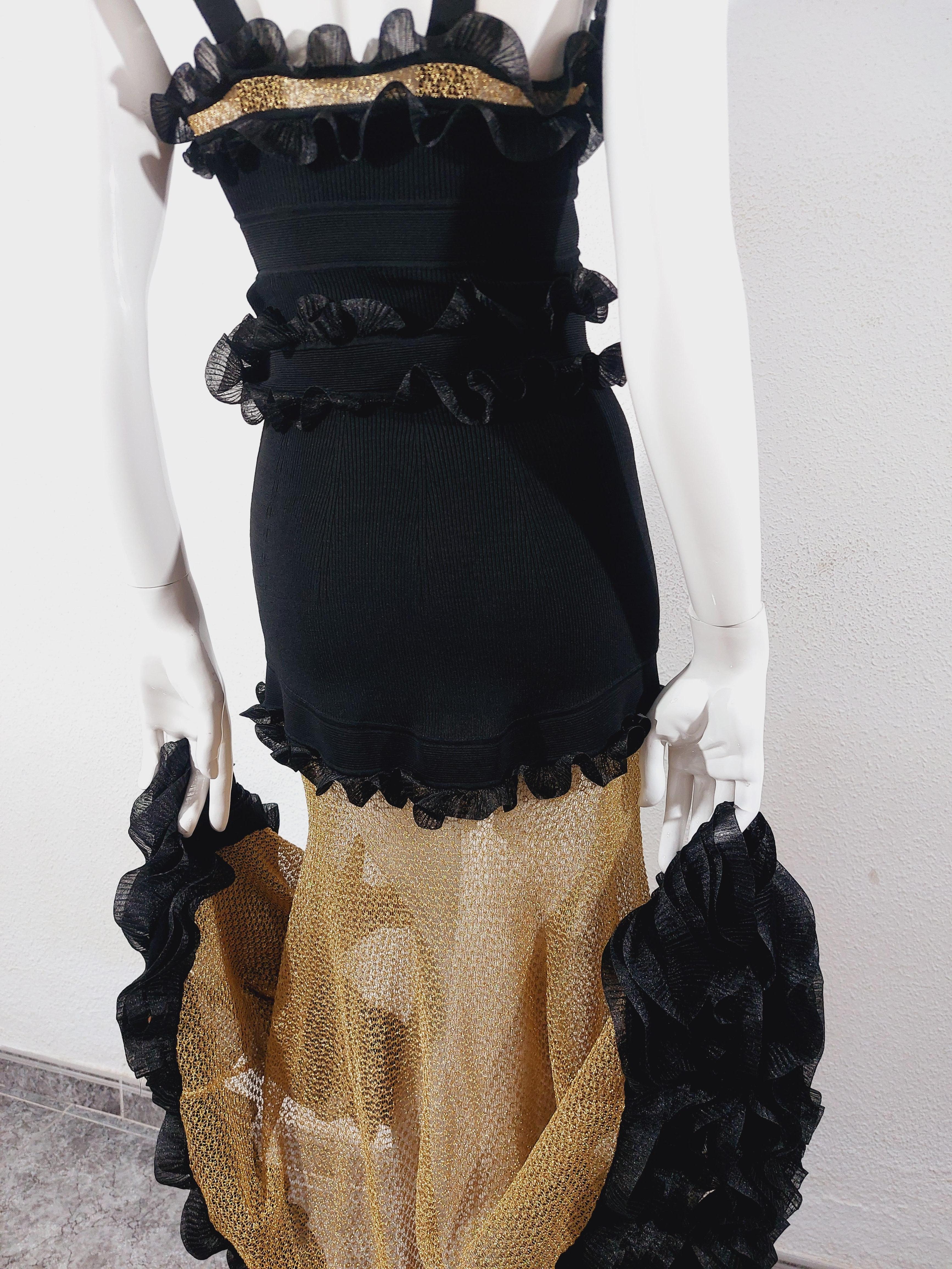 Alexander McQueen Black Silk-blend Knit Gold Mesh Cocktail Evening Dress Gown For Sale 10