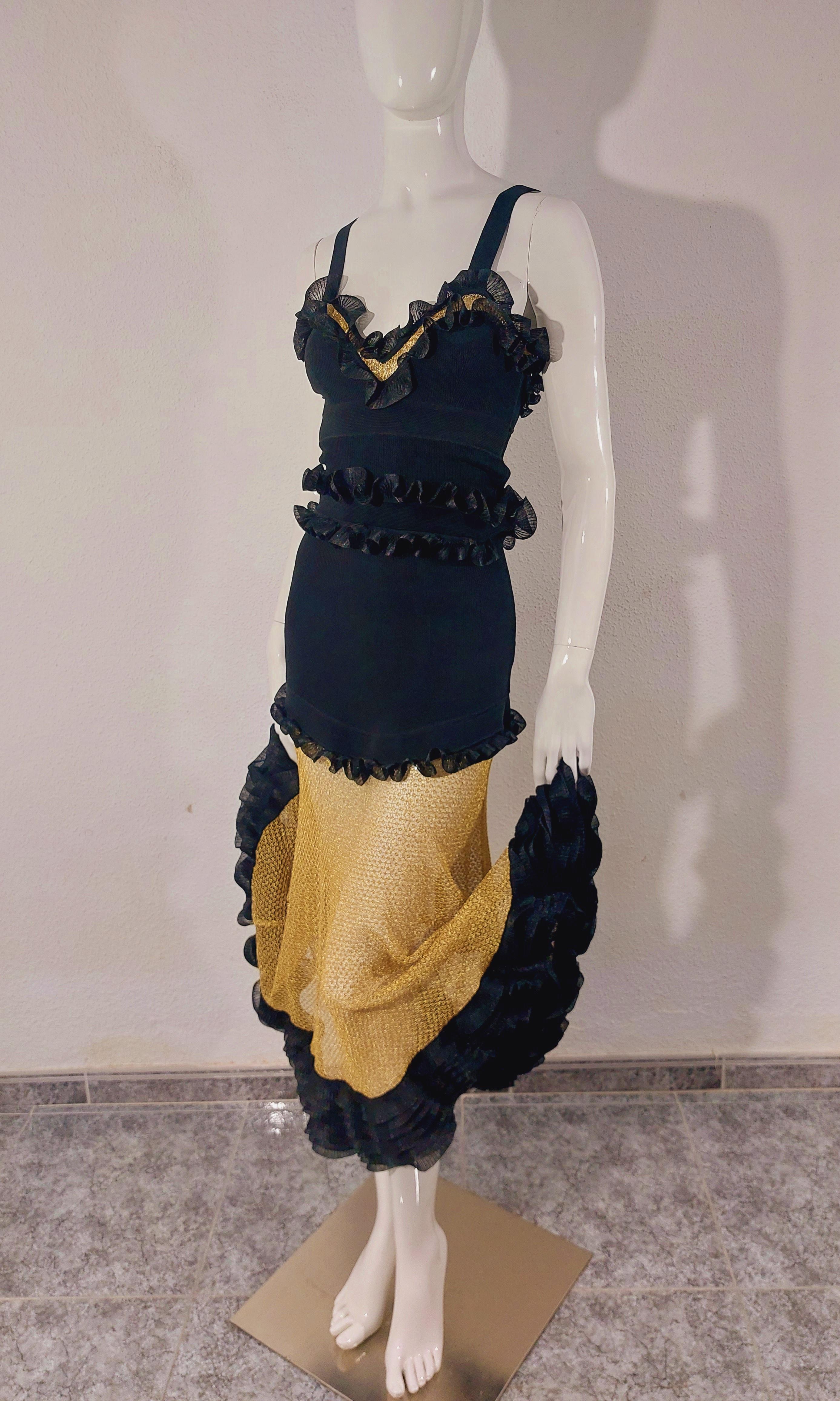 Women's Alexander McQueen Black Silk-blend Knit Gold Mesh Cocktail Evening Dress Gown For Sale