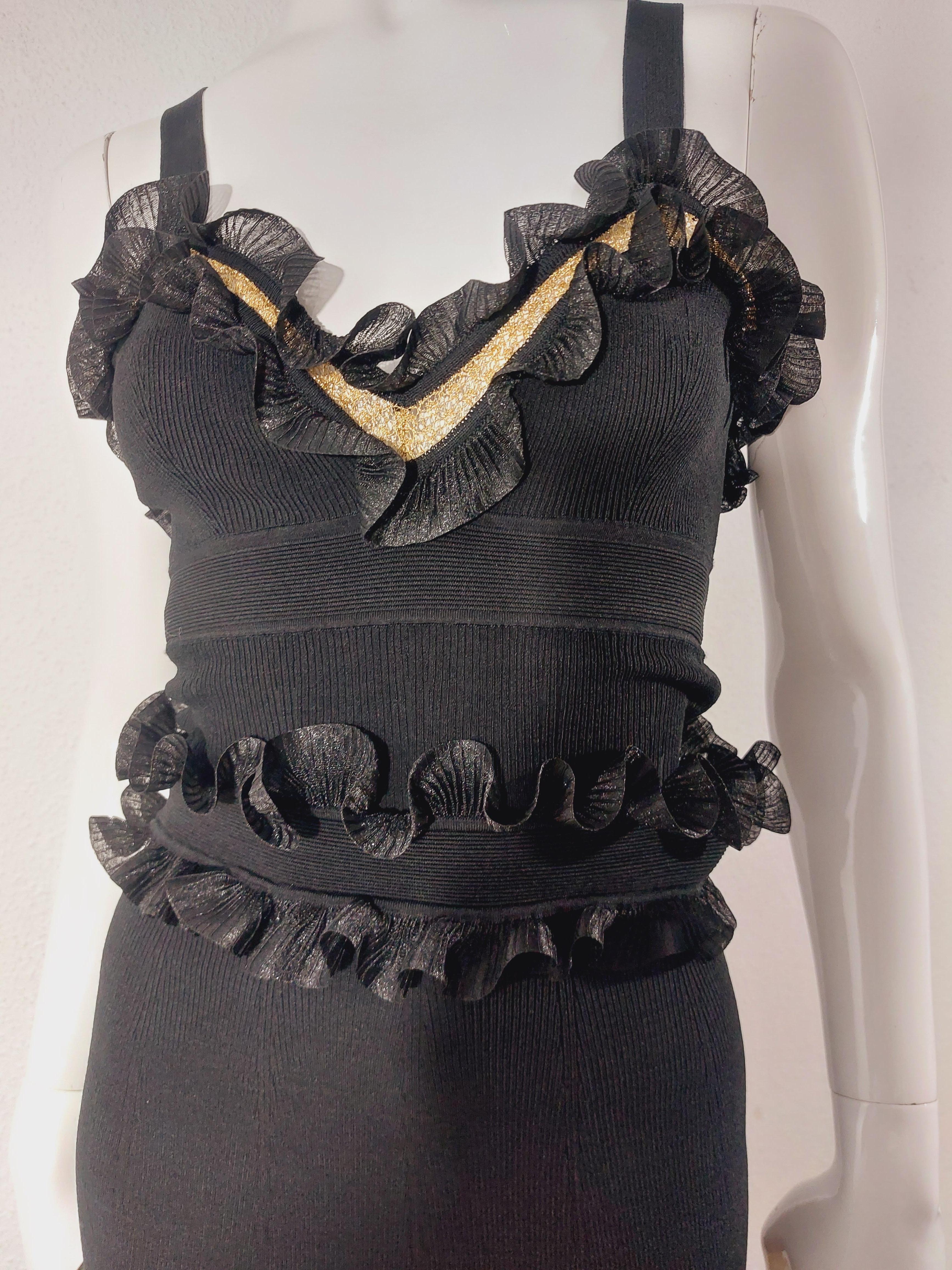Alexander McQueen Black Silk-blend Knit Gold Mesh Cocktail Evening Dress Gown For Sale 5