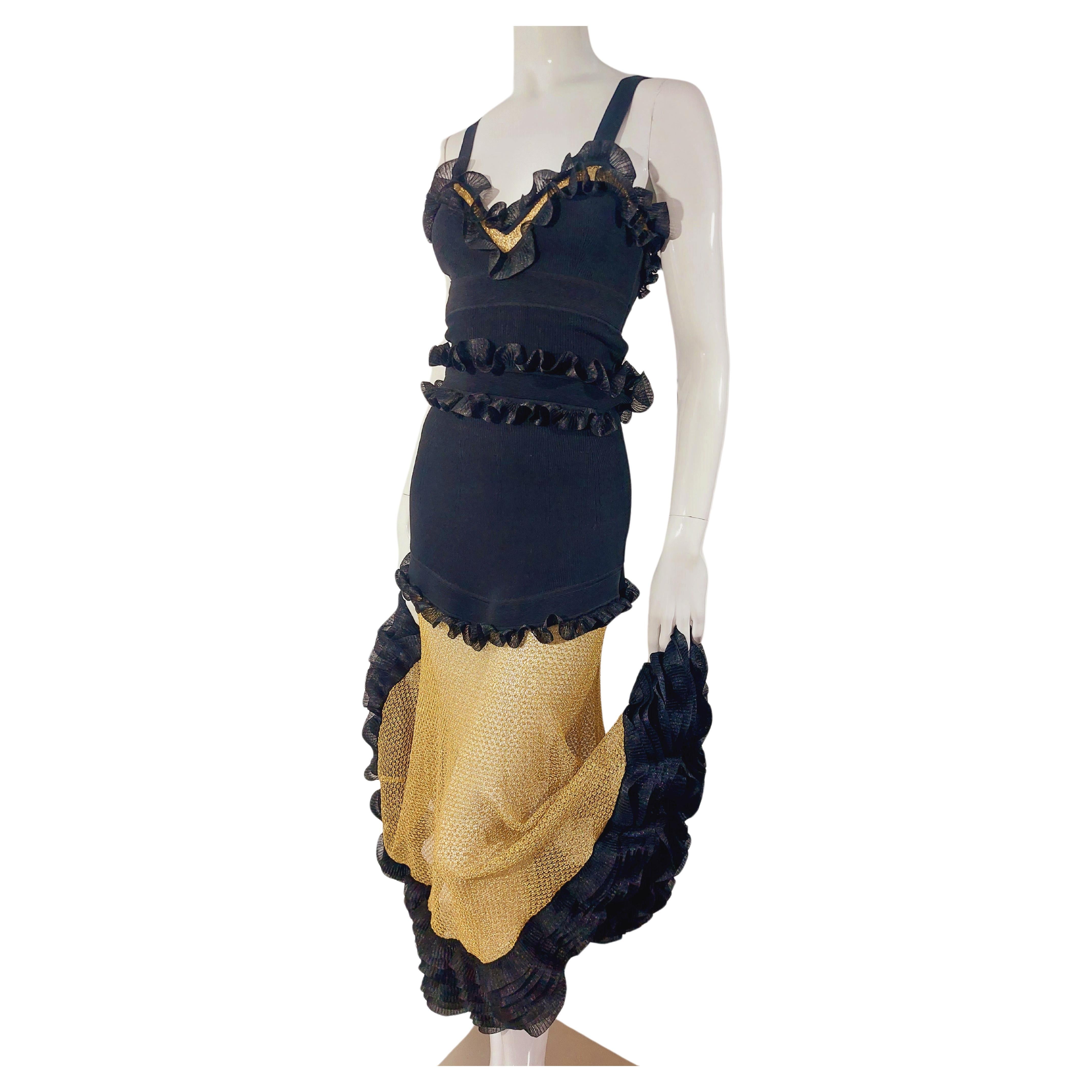 Alexander McQueen Black Silk-blend Knit Gold Mesh Cocktail Evening Dress Gown For Sale