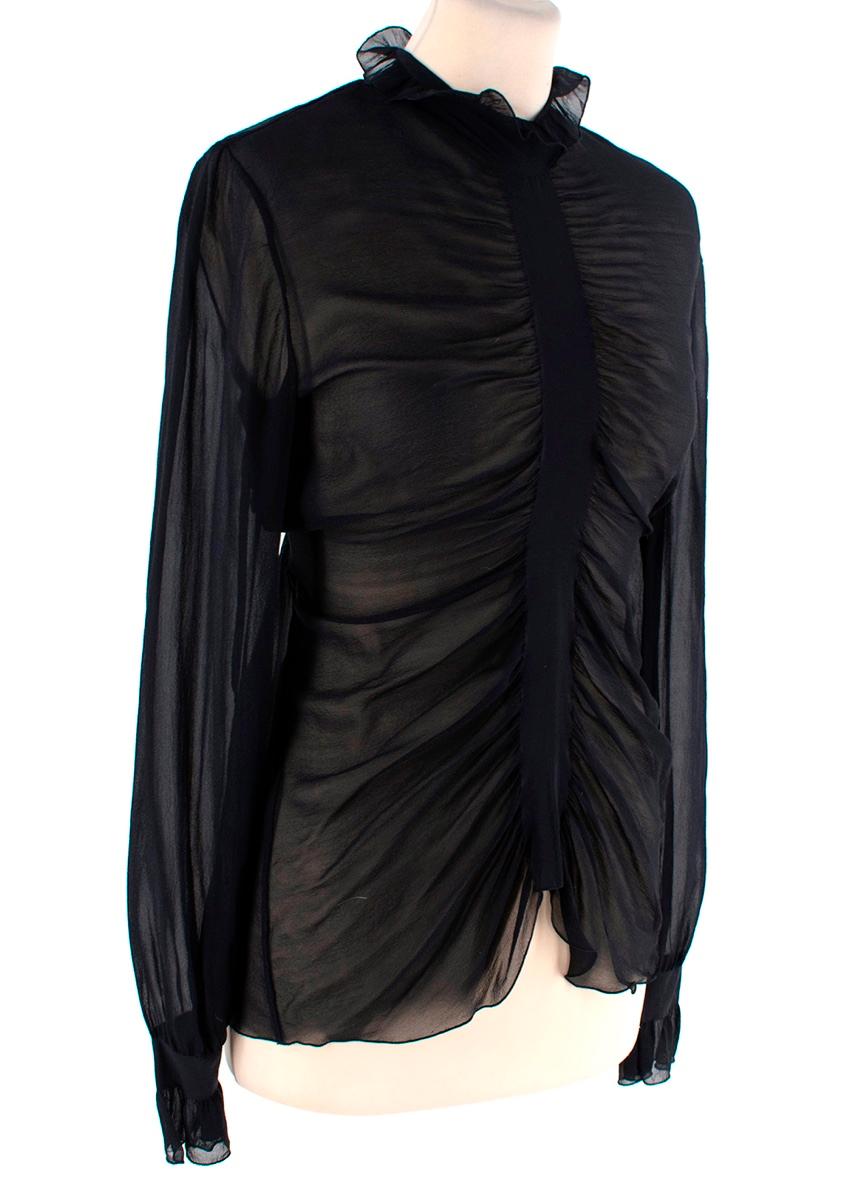  Alexander McQueen Black Silk Chiffon Ruched Blouse
 

 - Gothic inspire sheer silk crepe blouse
 - High ruffled neck, and ruffled cuff
 - Insert centre seam with ruched detail 
 - Y shaped back seam with ruching
 - Concealed zip back 
 

 Materials